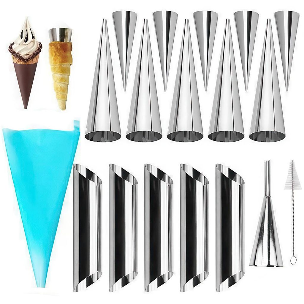 18-teilig Croissant Backformen Set aus Edelstahl, Hörnchen & Cannoli Formen, Gebäckrollen mit Reinigungsbürste, Backzubehör