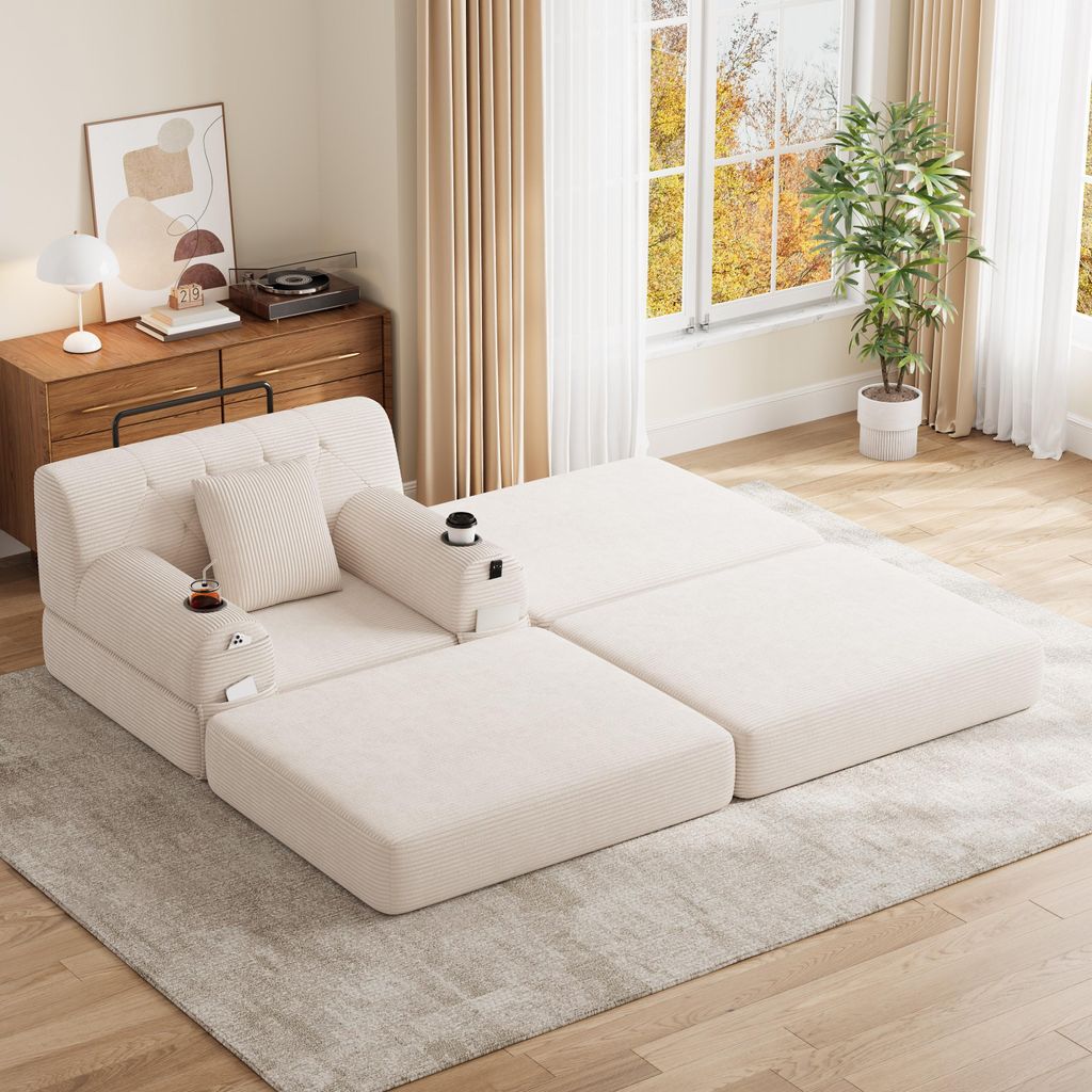 Divano letto MODFU rivestito in tessuto corduroy, divano Immagine del prodotto 