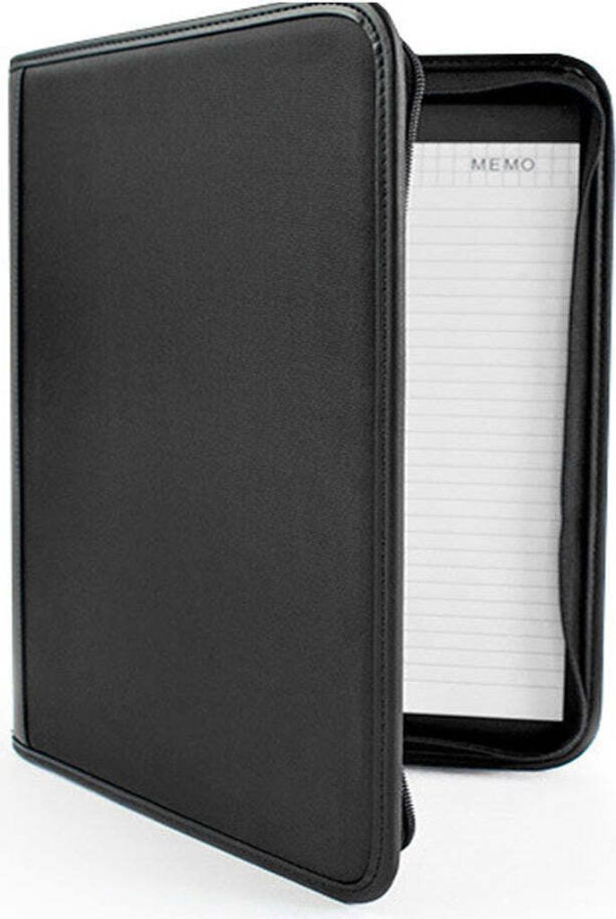 Schreibmap A4 mit Reißverschluss – elegante Dokumentenmappe von FLOKOO – inkl. Notizblock, Stifthalter und Kartenhalter – Schwarz