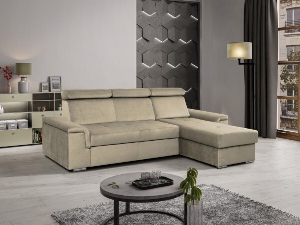 Ecksofa L-Form Monaco Schlaffunktion Bettkasten Lieferung bis in die Wohnung 245 cm universelle Ottomane ( Paros 02 - beige )