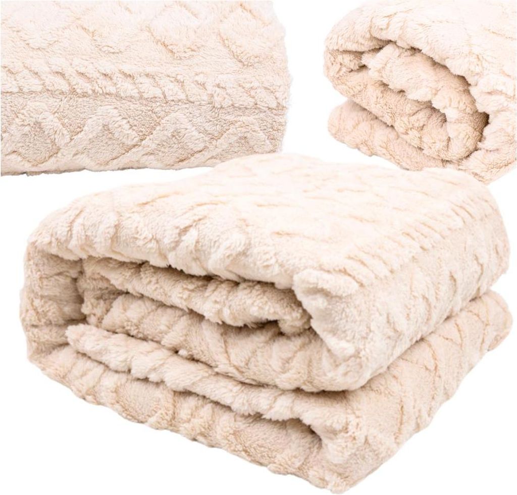 A folded beige blanket with a textured pattern, shown in multiple views.