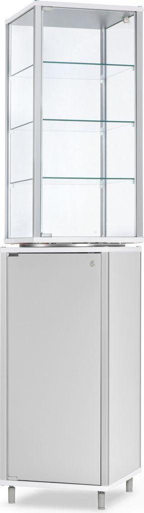 Drehvitrine DRM41182 - 41,7 x 41,7 x 182,1 cm, ohne Beleuchtung / Alu weiss, Holz weiss / 3 Glas-Fachböden
