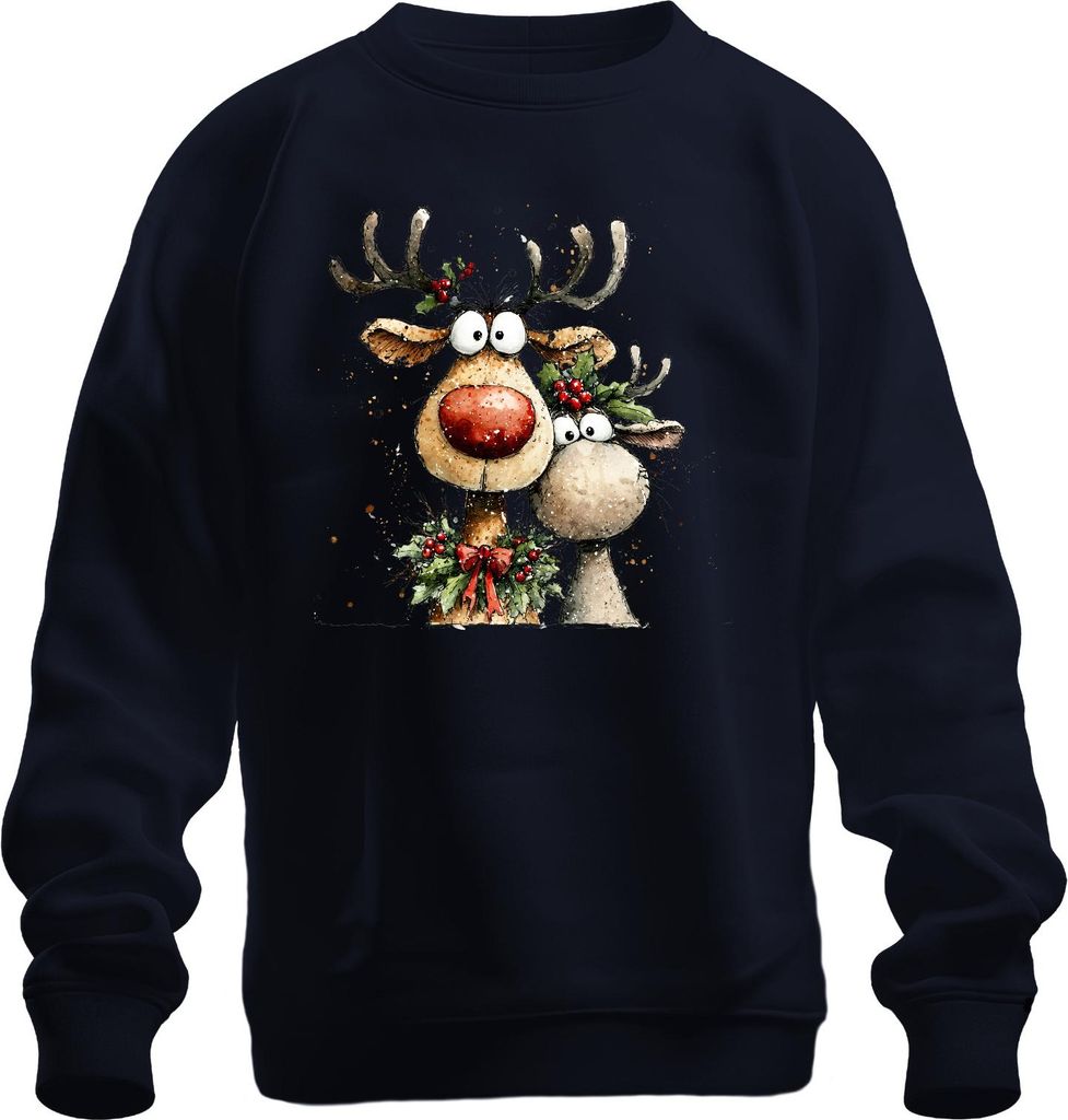 Lustige Rentiere Rotnase Weihnachten Geschenk Aquarell Niedlich Uni Sweatshirt Pullover, Navy, XXL