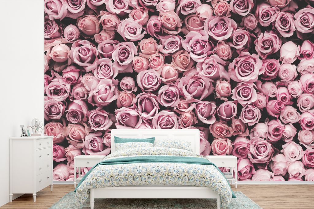 MuchoWow Fototapete für Wohnzimmer oder Schlafzimmer Wandtapete Vinyl Motivtapete Blumen - Rosen - Natur - Rosa - Botanisch - 330x220 cm - Fotot...