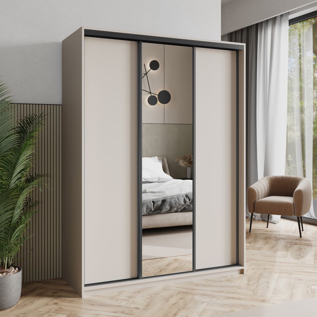 Masseno Schiebetürenschrank TAVI 150/205/60 cm Kleiderschrank mit Schubladen Schlafzimmer Schrank 3-türig mit Spiegel Kaschmir + Schwarz