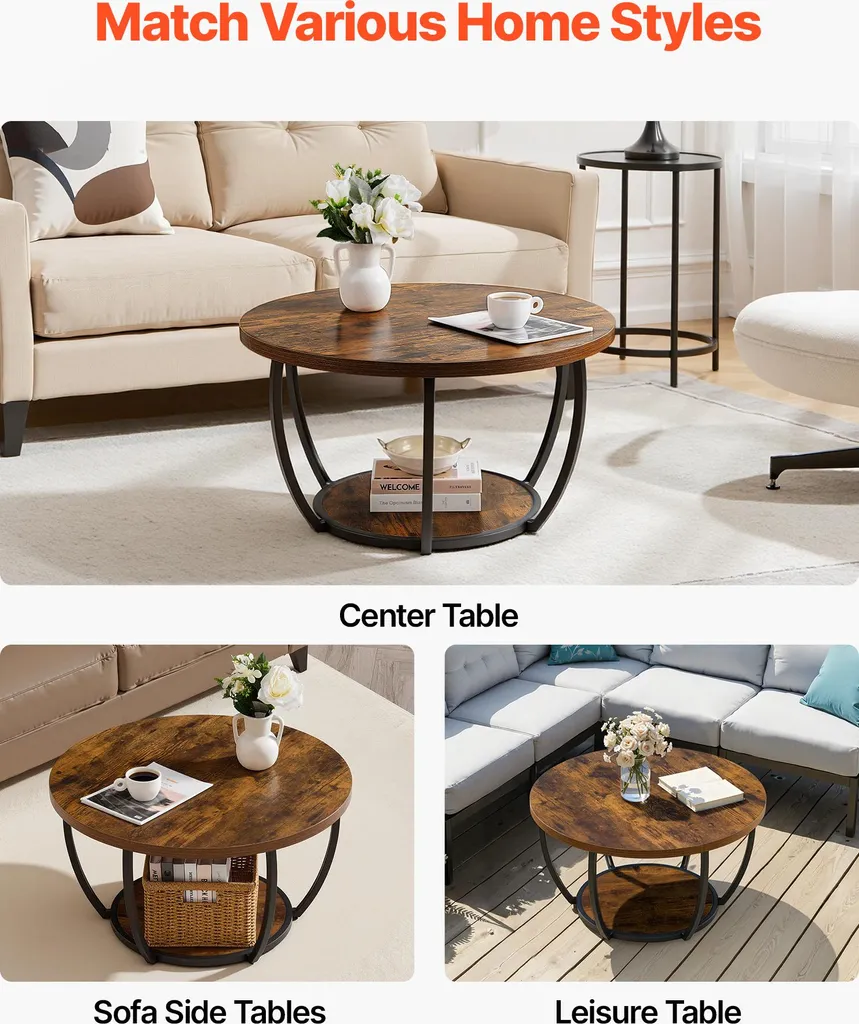 Table basse ronde anti-encombrement avec double rangement et pieds fixes