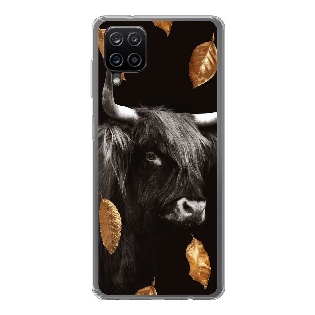 MuchoWow Handyhülle Schutzhülle Hülle für Samsung Galaxy A12 Schottischer Highlander - Blätter - Gold - Schwarz Silikon Softcase Handy Hüll...