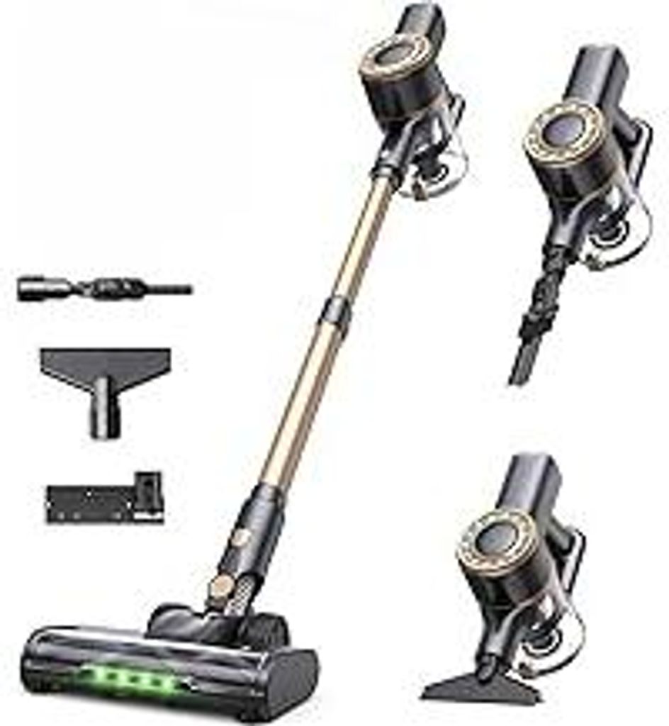 Lubluelu Akku Staubsauger Kabellos Leicht Leise Selbststehend Mit LED Anzeige, Starke Saugleistung Für Tierhaare, Teppiche, Hartböden Und Auto, Gold