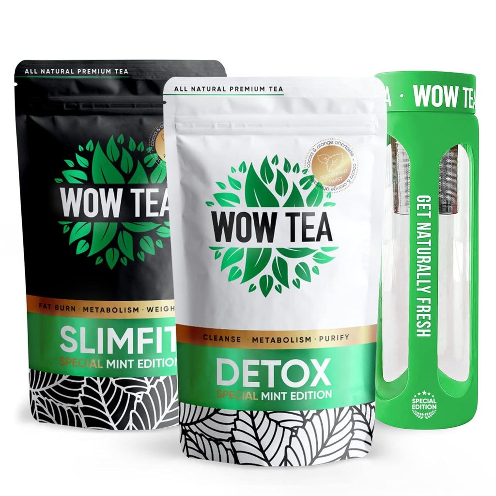 WOW TEA Bauch Tees Box – Detox-Tee für die Gewichtsabnahme & Bauch Blähungen Relief mit Pfefferminze, Grüntee & Yerba Mate – Eco Bottle (EU)