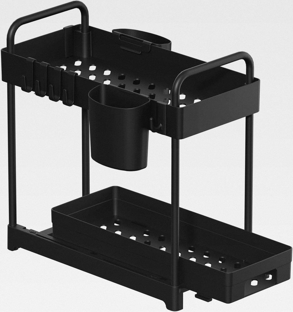 Unter Waschbecken Organizer 2 Ebenen – Küchen Organizer mit Schublade, Haken & Becher, Rostfrei – Badezimmer & Spülschrank Aufbewahrung für ...