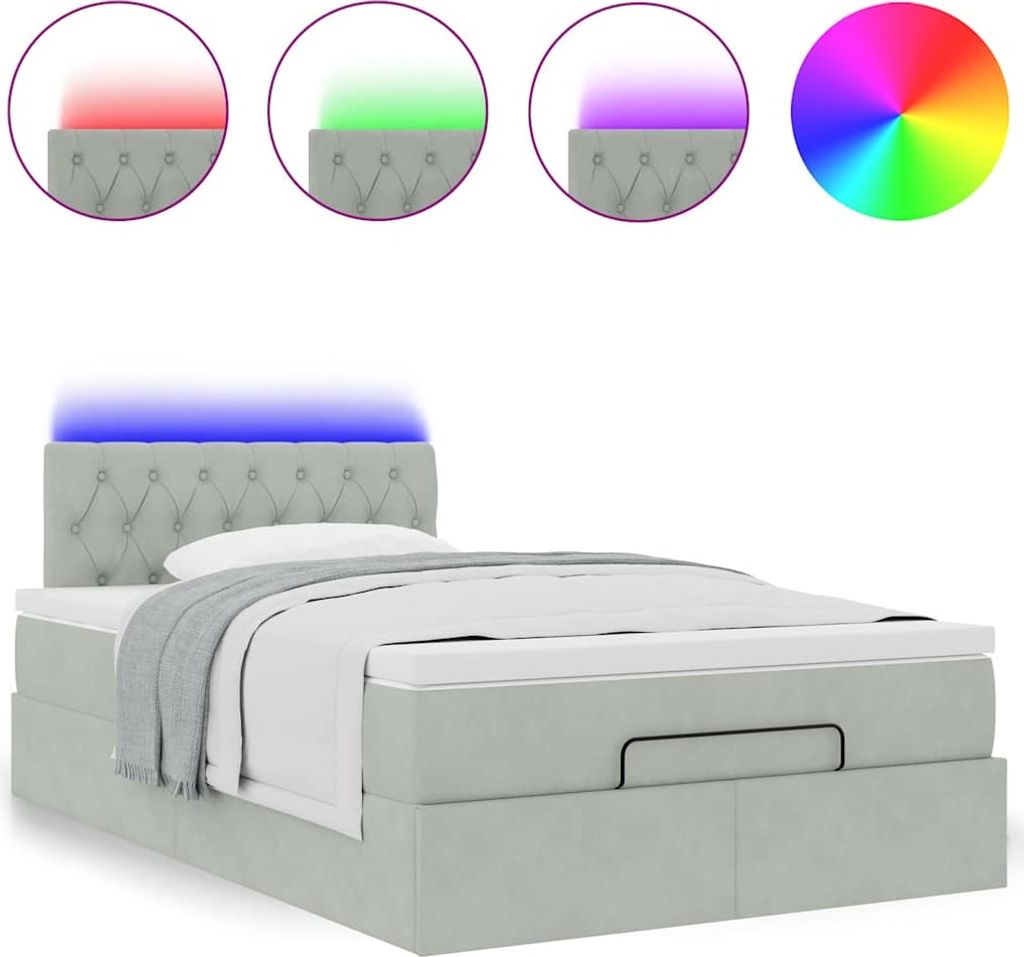 Ottomane Bett mit Matratze & LEDs Hellgrau 120x190 cm Samt