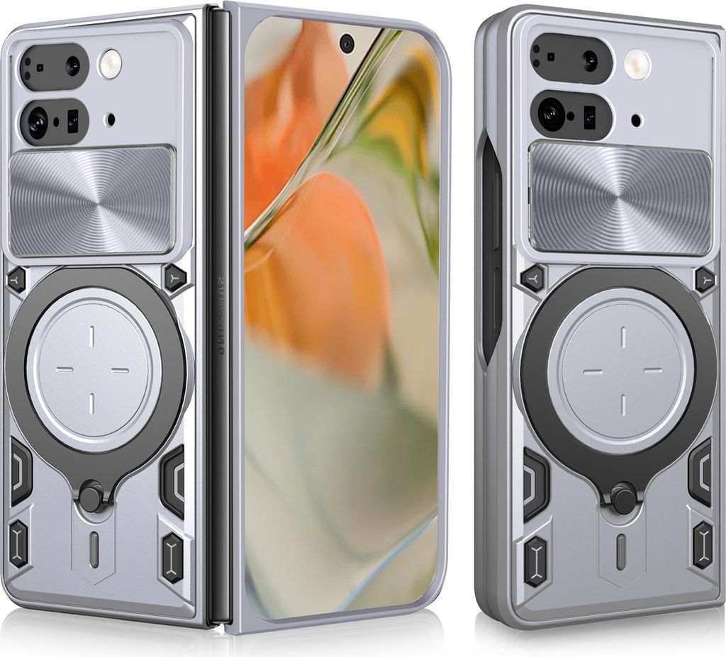 Handyhülle für Google Pixel 9 Pro Fold Dual-Layer Stoßfest Rüstung Hülle mit Dia Kameraschutz und Kreisförmig Ring Ständer Silber