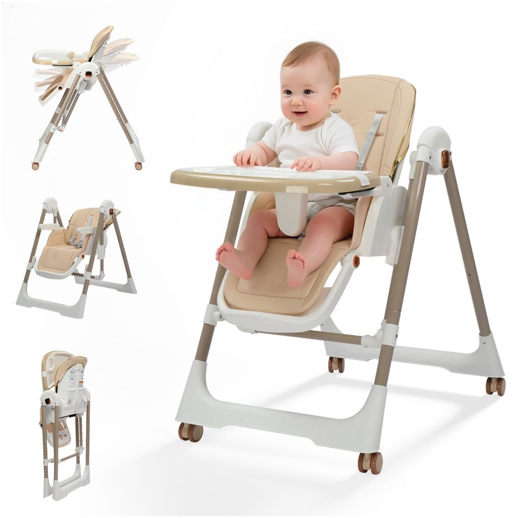 FCH Hochstuhl Baby, kinderhochstuhl mit Schaukelstuhlfunktion, mitwachsend, verstellbare und klappbare Rückenlehne,Beige