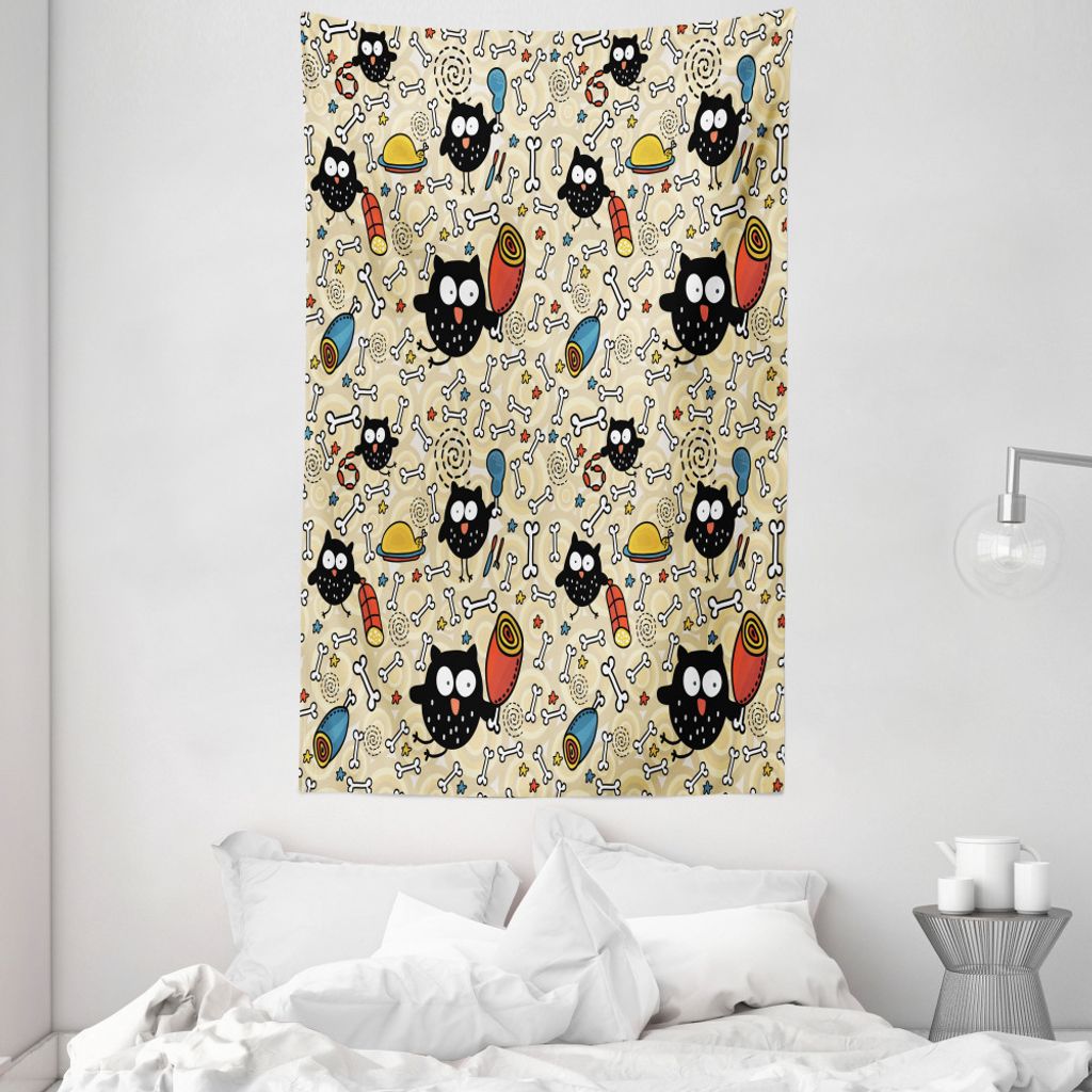 ABAKUHAUS Gekritzel Wandteppich und Tagesdecke, Hungry Eulen Essen aus Weiches Mikrofaser Stoff Waschbar ohne Verblassen Digitaldruck, 140 x 230 cm...