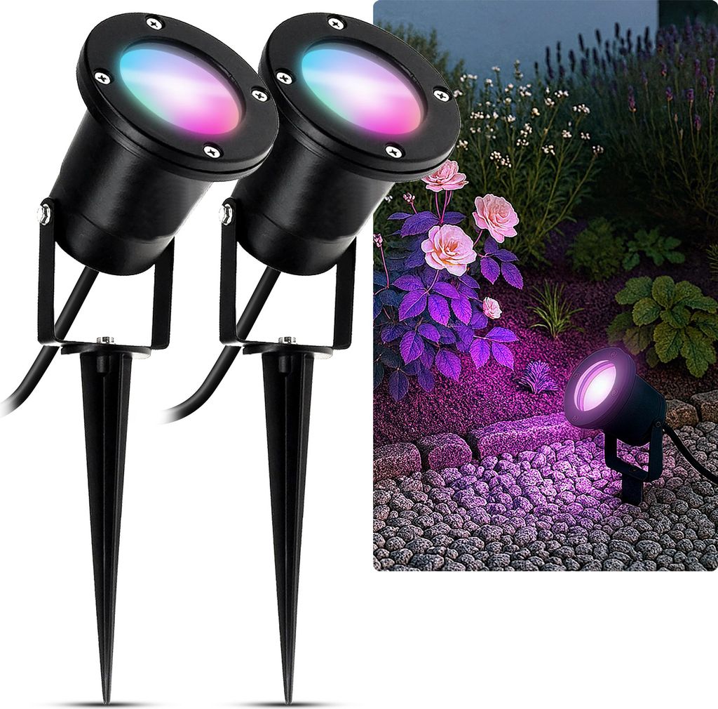 SSC-LUXon 2 Stück KARI Außenlampe schwarz Erdspießstrahler IP65 – inkl. Smart WLAN GU10 Leuchtmittel 4W CCT – Gartenbeleuchtung steuerbar pe...