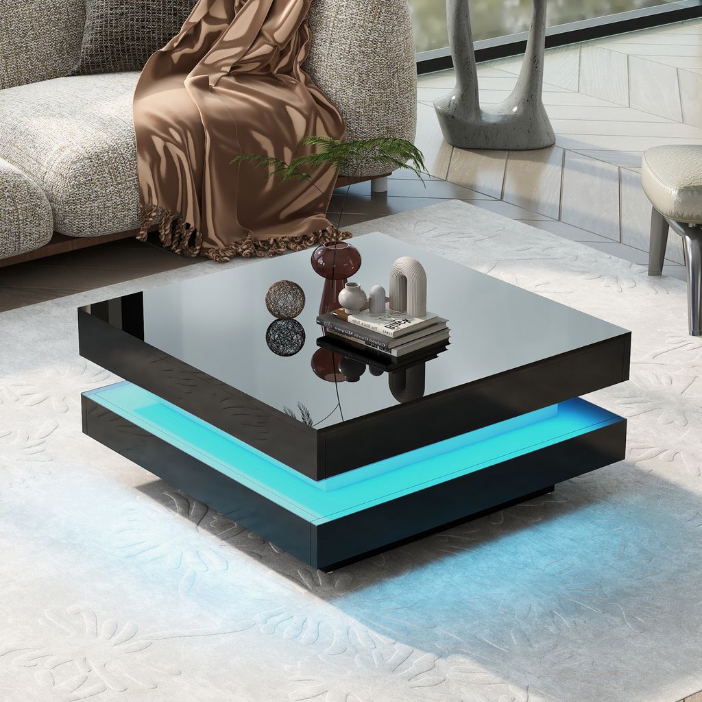 Sweiko Quadratischer Couchtisch in Schwarz - moderner technologischer Stil mit 16-farbiger LED-Beleuchtung, 70x70x36 cm, max. Belastung 45kg