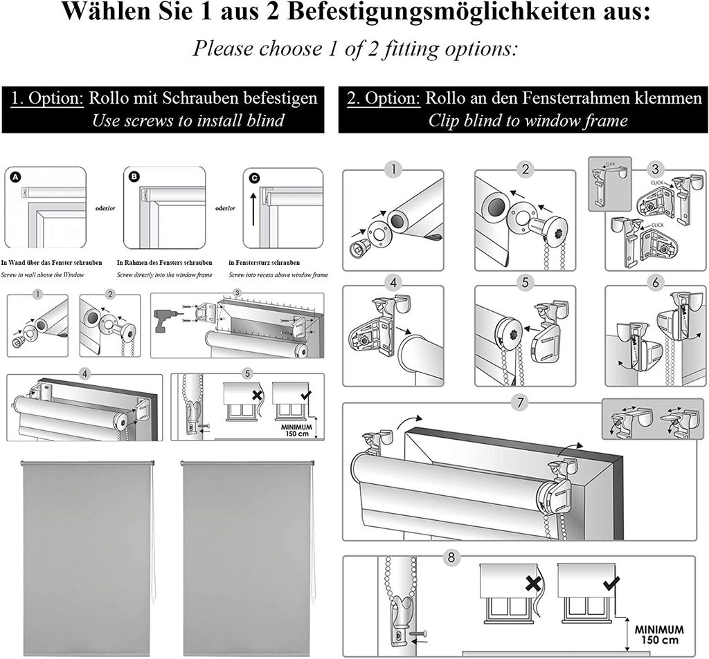 EUGAD Verdunkelungsrollo, Klemmfix ohne Bohren, Grau, Produktbild 5