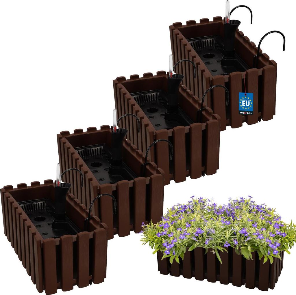 KOTARBAU 4er Set Blumenkasten Balkon Blumentopf Selbstbewässernd 38x18x16cm Braun Kunststoff Blumentopf Balkongeländer Bewässerungssystem Blum...