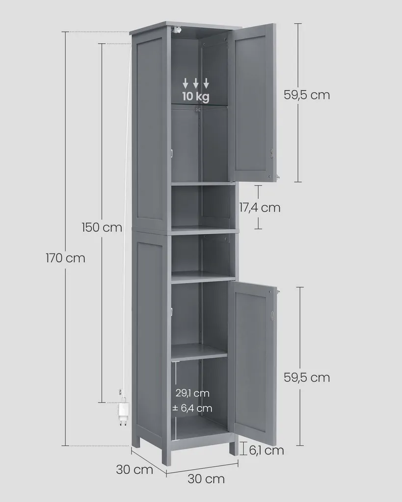 Armoire de Salle de Bain Grise en MDF avec Éclairage LED - Format Slim