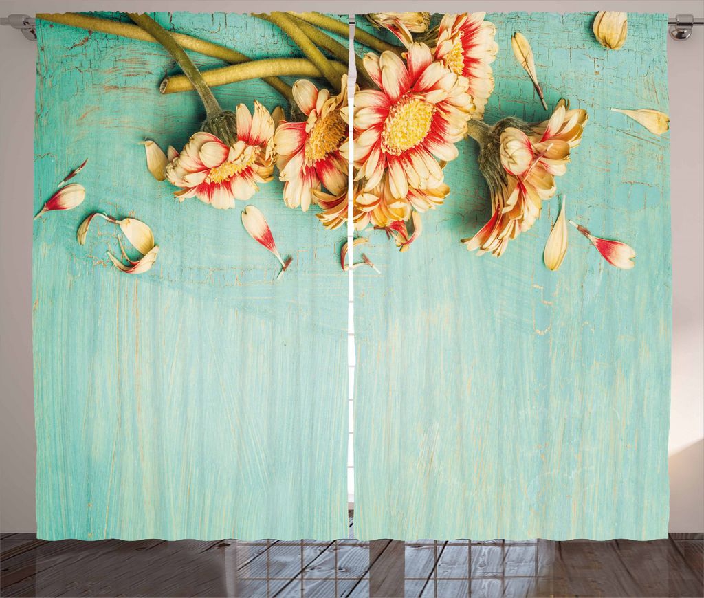 ABAKUHAUS Shabby Chic Rustikaler Vorhang, Gerbera Bunch Blau, Wohnzimmer Universalband Gardinen mit Schlaufen und Haken, 280 x 245 cm, Mehrfarbig