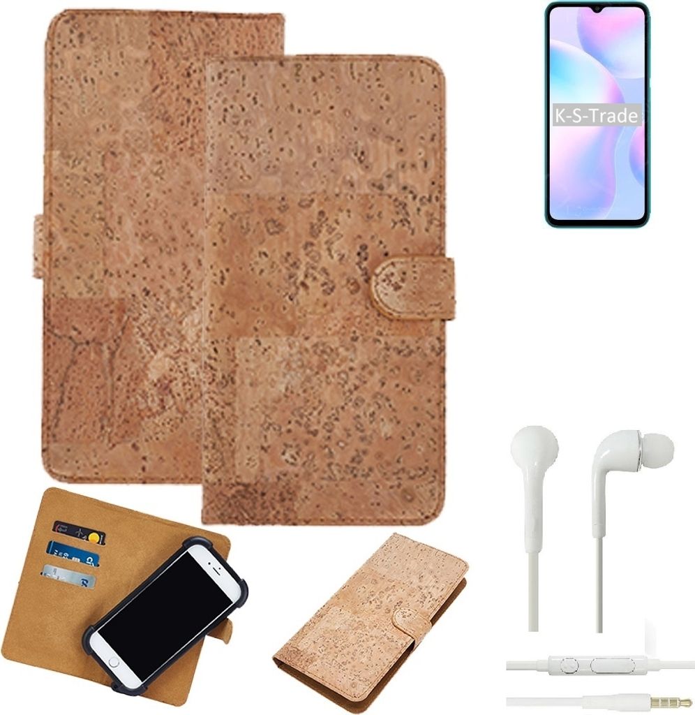 K-S-Trade Hülle kompatibel mit Xiaomi Redmi 9i + in ear Kopfhörer Kork Handyhülle Cover Schutzhülle TPU Case Bumper in Hellbraun, (1x)