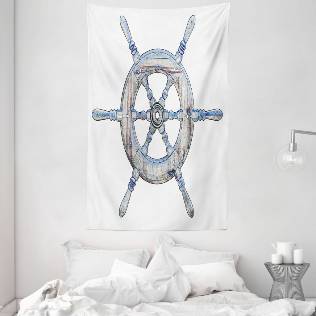 ABAKUHAUS Nautisch Wandteppich und Tagesdecke, Holz Schiffs-Rad aus Weiches Mikrofaser Stoff Waschbar ohne Verblassen Digitaldruck, 140 x 230 cm, B...
