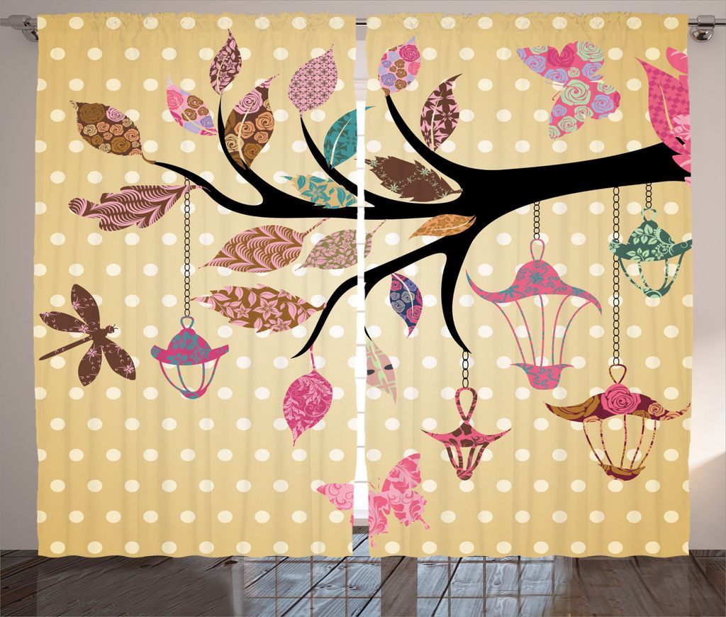 ABAKUHAUS Blumen Rustikaler Gardine, Vintage Boho Baum, Schlafzimmer Kräuselband Vorhang mit Schlaufen und Haken, 280 x 245 cm, Mehrfarbig