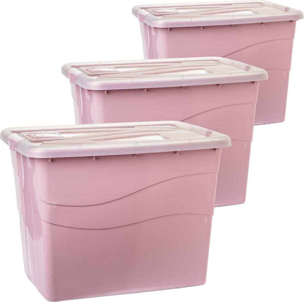 Große stapelbare Aufbewahrungsboxen mit Deckel, Rollen, Clipverschluss, 3er-Set, rosa