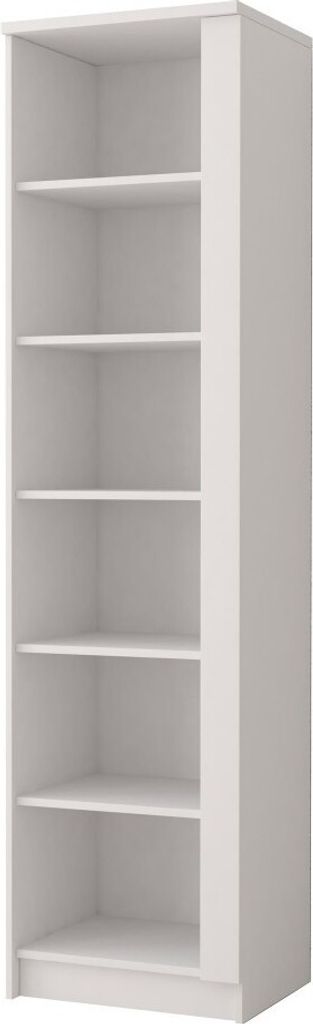 A white, empty bookshelf with multiple shelves.