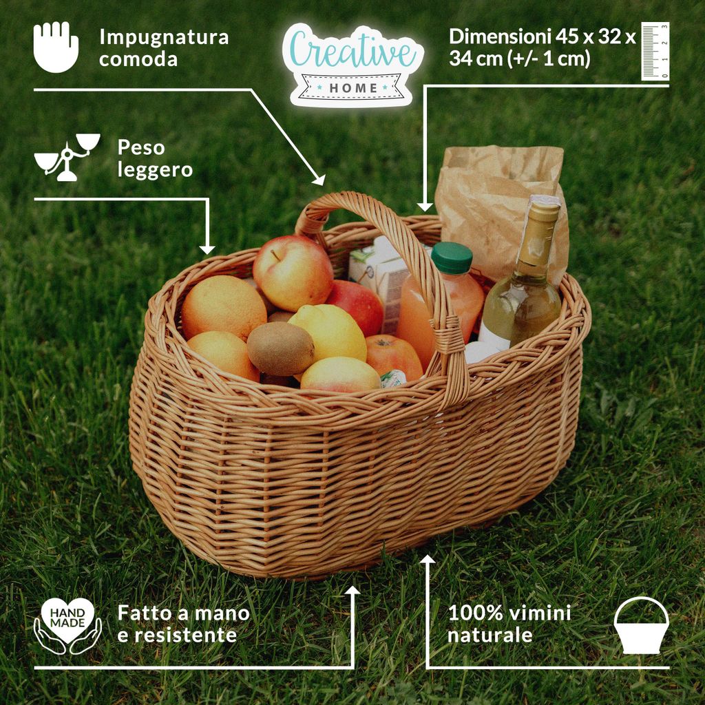 Cestino rumeno vintage in vimini con manico, cestino rustico intrecciato, cestino da mercato in rattan intrecciato, cestino da picnic fatto a mano, cestino della spesa - Italia