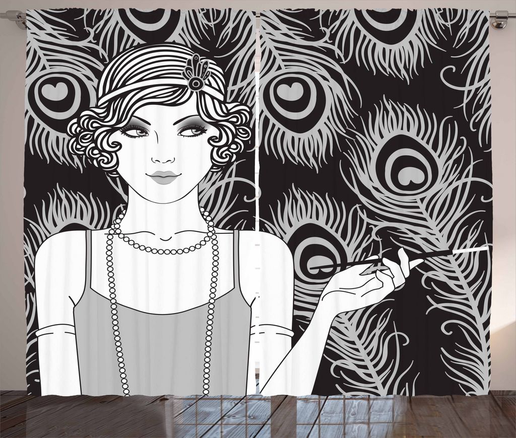 ABAKUHAUS Pin up Girl Rustikaler Vorhang, Retro Party-Konzept, Wohnzimmer Universalband Gardinen mit Schlaufen und Haken, 280 x 175 cm, Grau Hellgr...