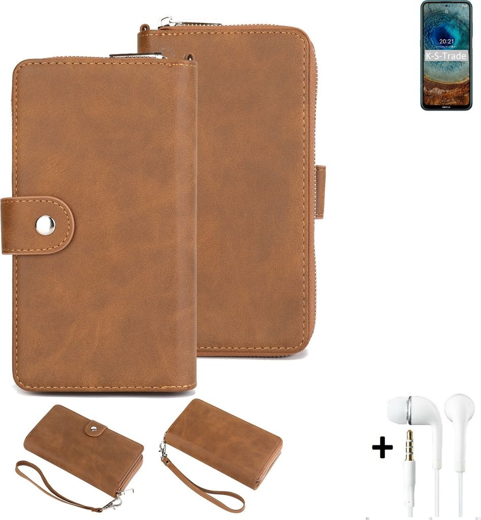 K-S-Trade Handy Schutz Hülle kompatibel mit Nokia X100 + Kopfhörer Portemonnee Tasche Wallet-Case Bookstyle-Etui braun (1x)