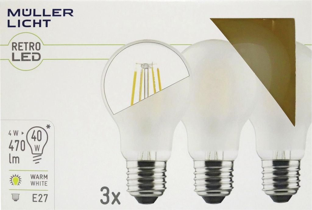 Müller-Licht LED Birne 4W E27 2700K matt 3er Box, 4 W, 40 W, E27, 470 lm, 10000 h, Warmweiß