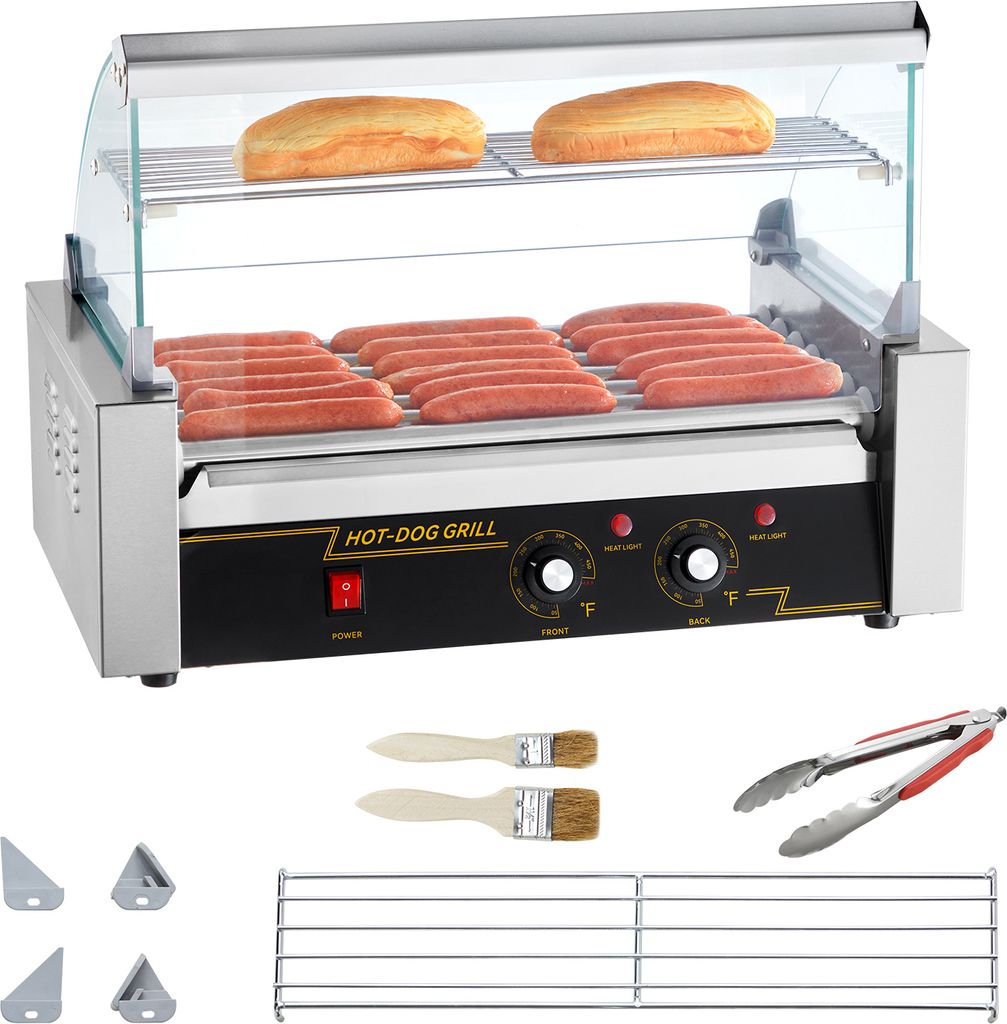 SucceBuy Electric 18 Hot Dog Roller Grill-Maschine, 7-Rollen-Rückwand und Ablage, 1,4 kW, Edelstahl