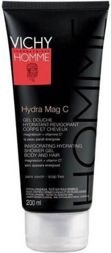A black tube of Vichy Homme Hydra Mag C shower gel.