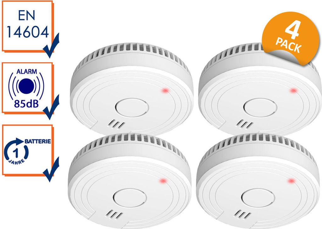 A set of four white smoke detectors arranged in a grid on a white background, with informational icons on the left and a '4 PACK' label in the top right.