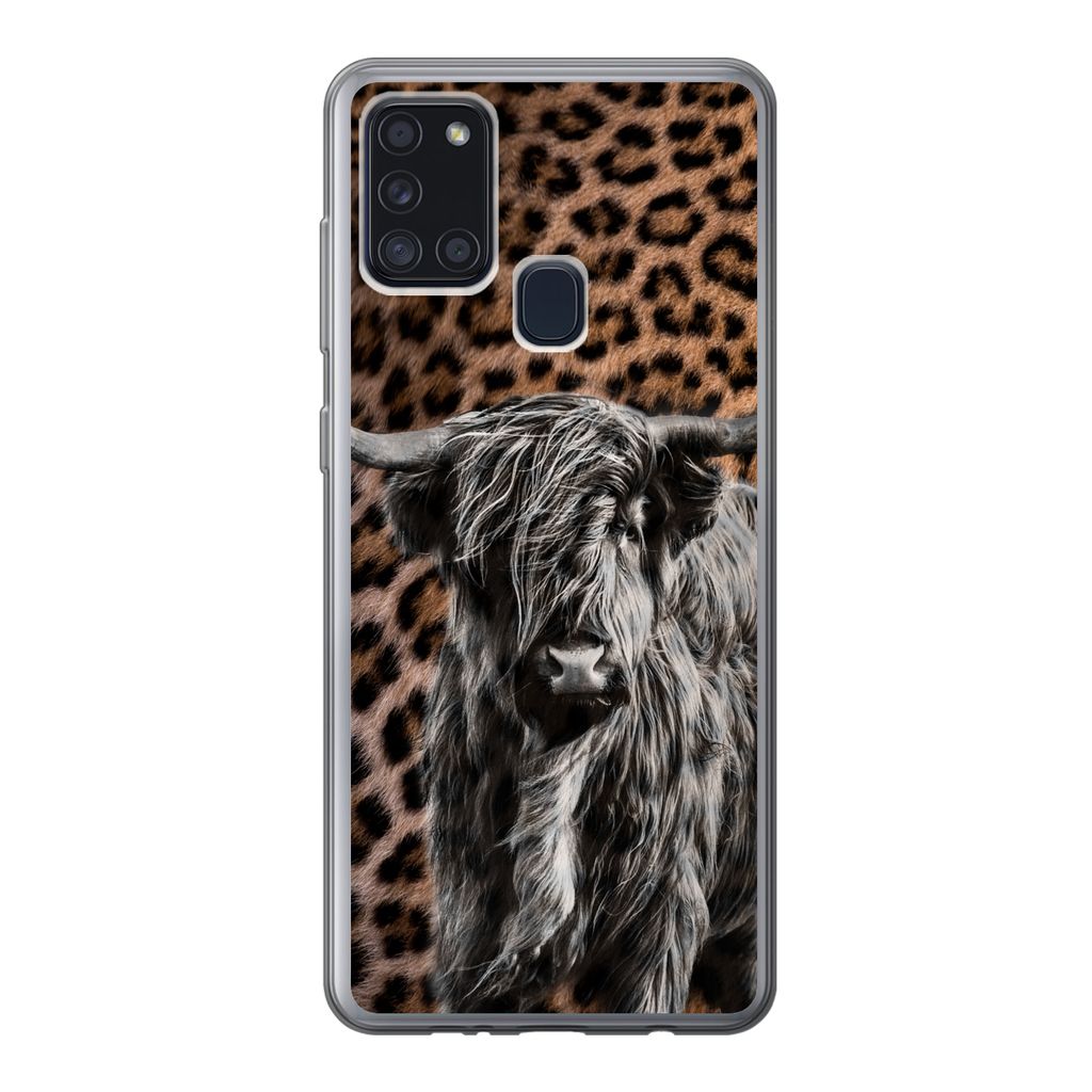 MuchoWow Handyhülle Schutzhülle Hülle für Samsung Galaxy A21s Schottischer Highlander - Pantherdruck - Schwarz - Weiß Silikon Softcase Handy...