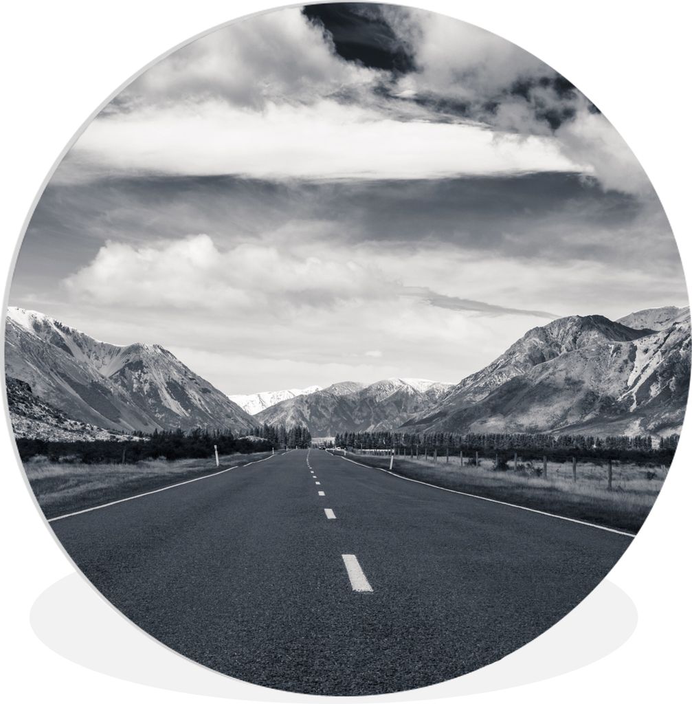 MuchoWow Rundes Wandbild - Runde Bilder Schwarz und weiß - Berg - Straße Ø 30 cm Kreis Wanddekoration Kunststoff - Wandkreis - Wandschmuck - S...