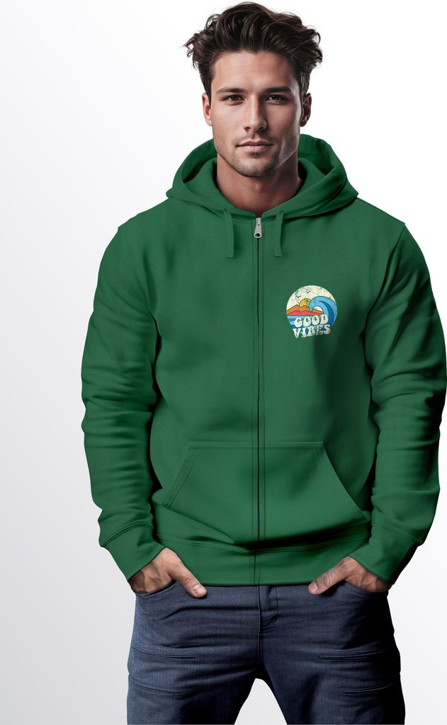 Herren Zip Hoodie Sweatjacke mit Kapuze Logo-Print Good Vibes Aufdruck Welle Retro Motiv Männer Fashion Streetstyle Neverless bottle-green S