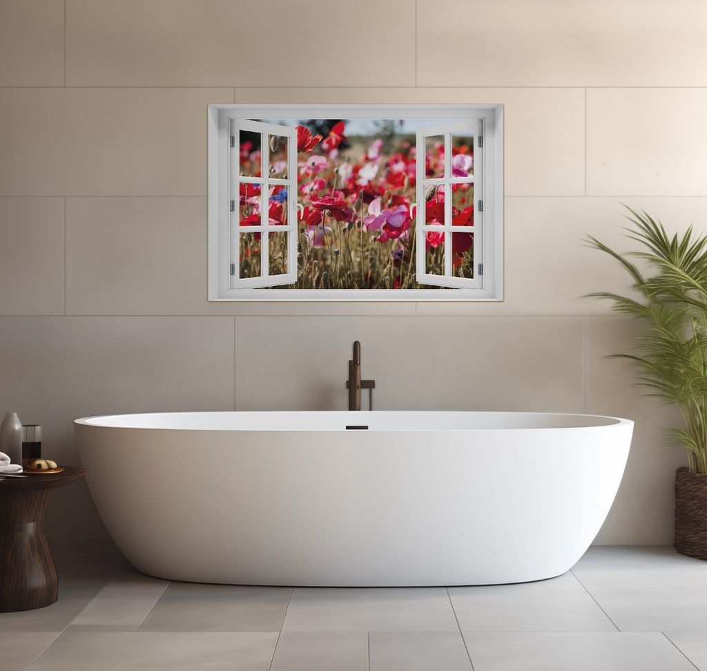 Wallario wasserfestes Poster selbstklebend 91,50 x 61 cm, Mohnblumen am Rande eines Feldes, Badezimmerposter Spritzschutz mit Hochglanzoberfläche ...