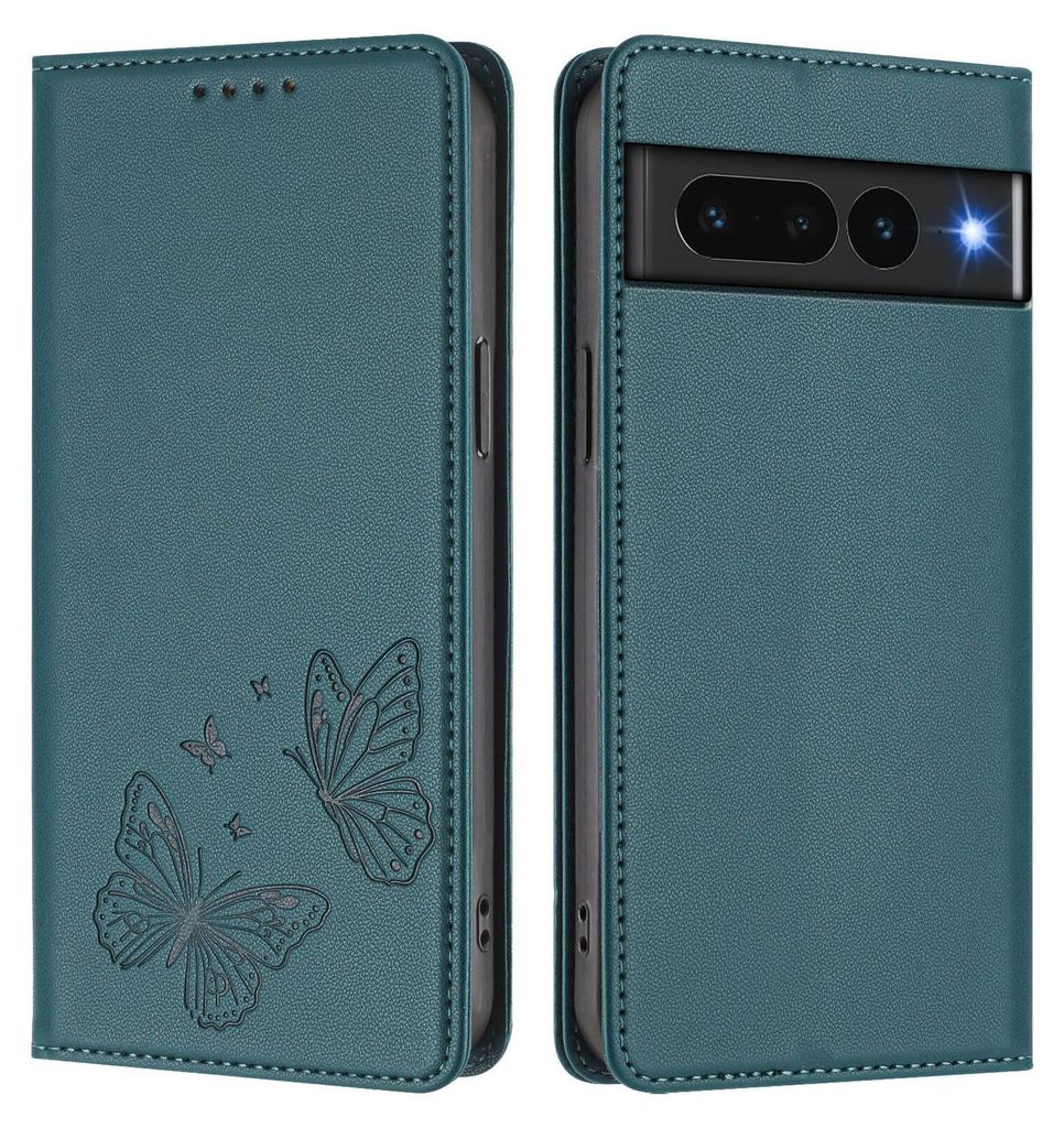 Lederhülle für Google Pixel 7 Pro, Schmetterling Prägung Leder Brieftasche Schutzhülle mit Ständer Grün