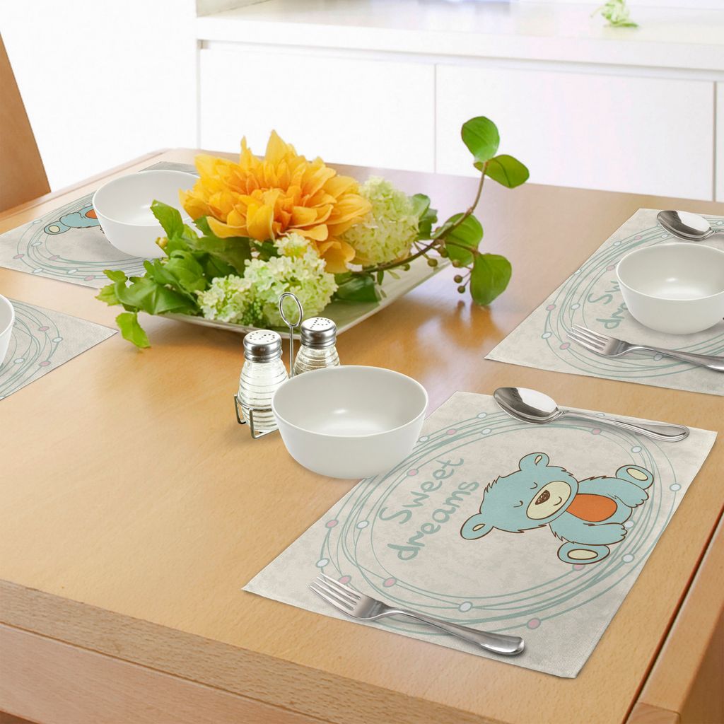 ABAKUHAUS Schöne Träume Platzmatten, Teddybär-Hand gezeichnete Karikatur-Illustrations-Kreis-Hintergrund, Tiscjdeco aus Farbfesten Stoff für da...