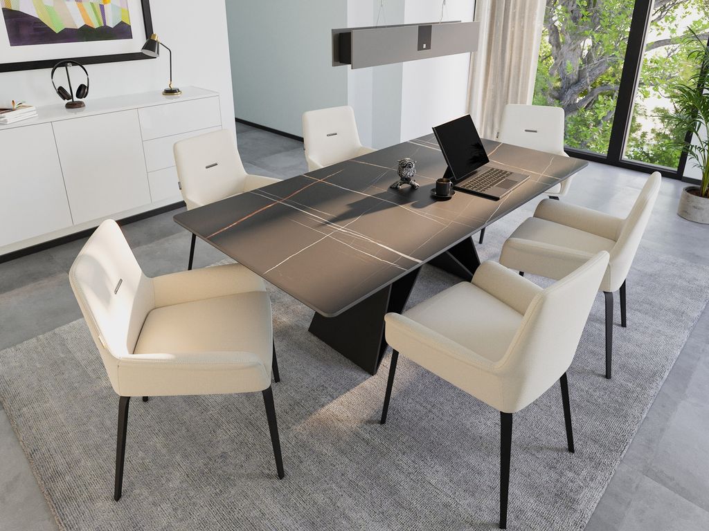 Esstisch Set COMODI 200 schwarze Keramikplatte mit 6 Stühlen Leinenbezug beige : Schwarz
