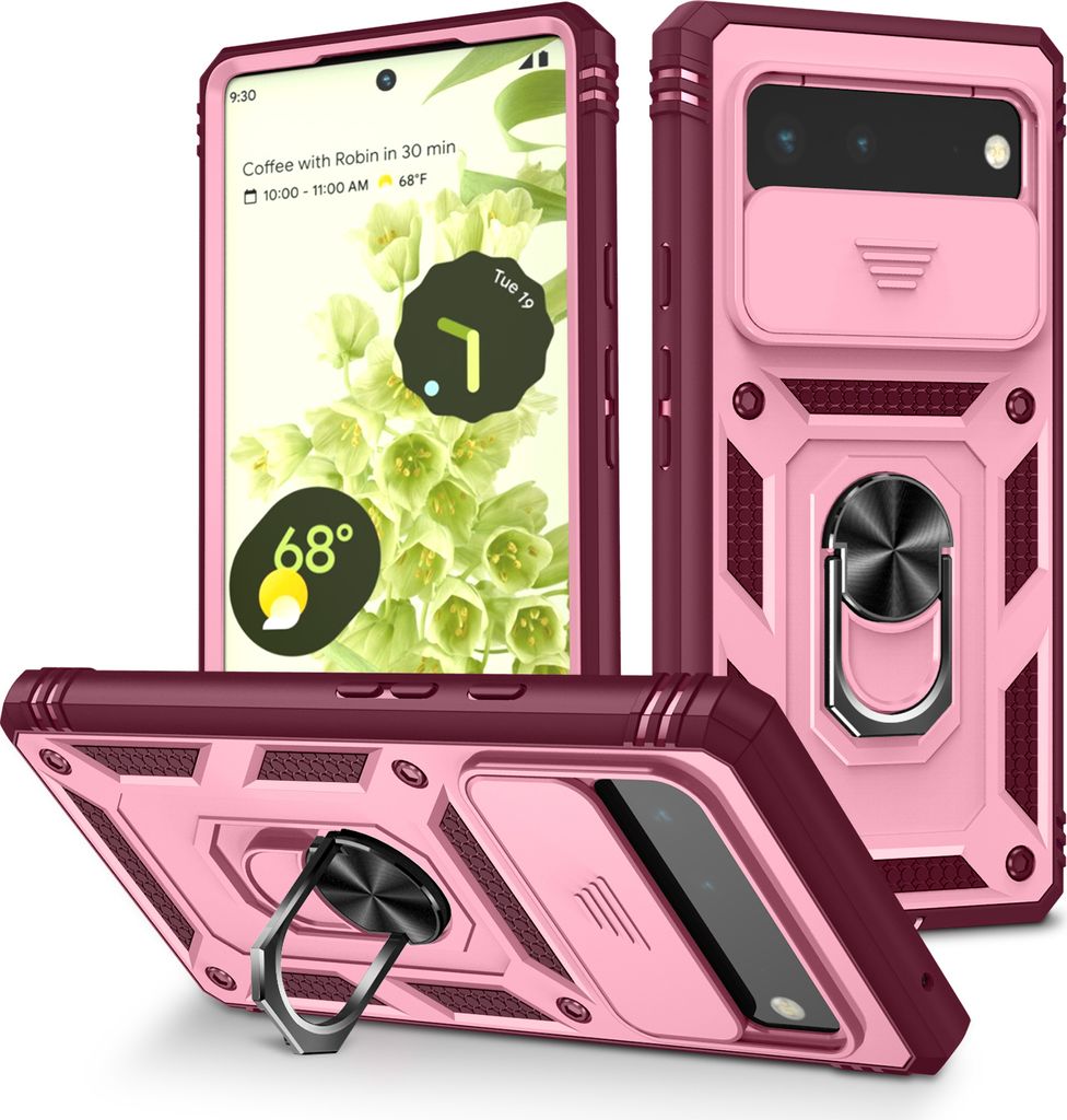 Google Pixel 6 Hülle, Schiebe Kamera Schutz Robust Stoßfest Schutzhülle mit Ringhalterung Ständer Kartenhalter für Google Pixel 6 Rosa