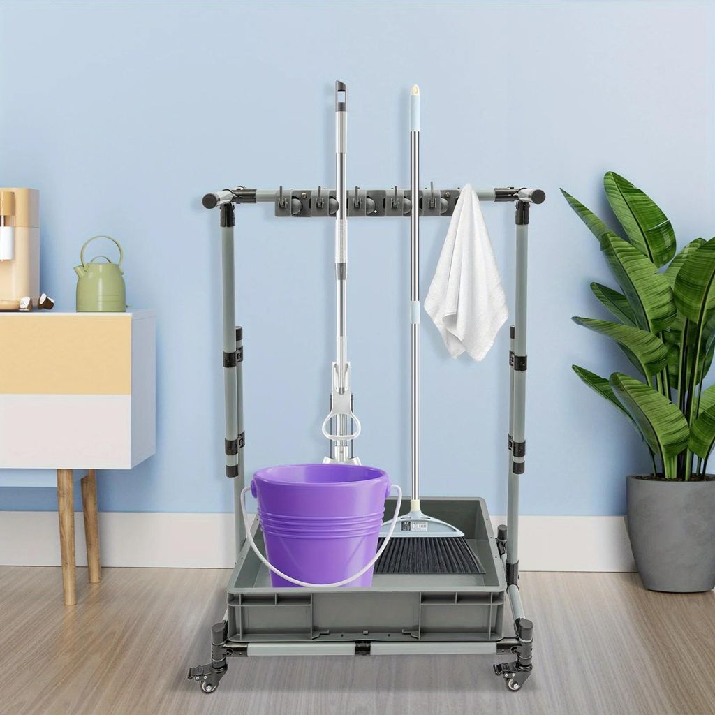 Reinigungswagen - Besen- und Mopp-Halter - 100 kg Traglast - Mit Rollen - Verstellbar - Wassertank - Kunststoff