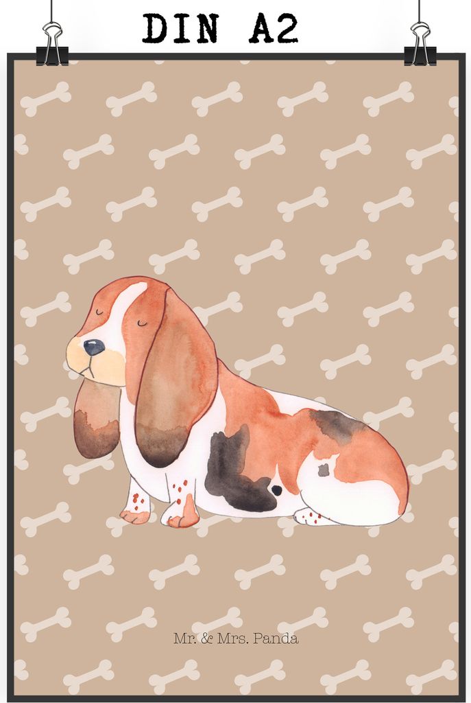 Mr. & Mrs. Panda Bild Hund Basset Hound DIN A2 - Hundeglück - Geschenk, Süß, Design Poster, drucke, kunstdruck, Plakat, wanddeko, Sprüche
