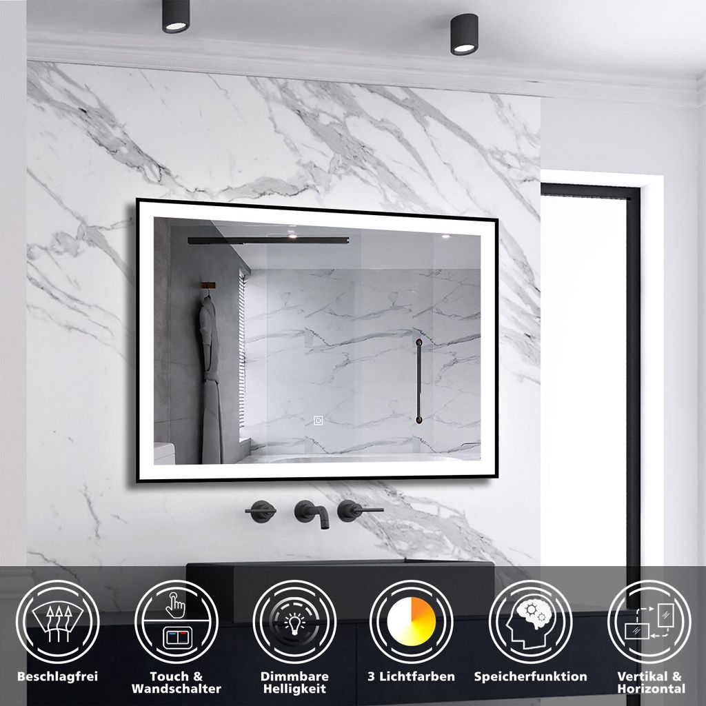 AICA LED Wandspiegel 80x60cm Beschlagfrei Touch/Wandschalter 3 Lichtfarbe +Dimmbar Badspiegel mit Beleuchtung Badezimmerspiegel mit Schwarz Rahmen ...