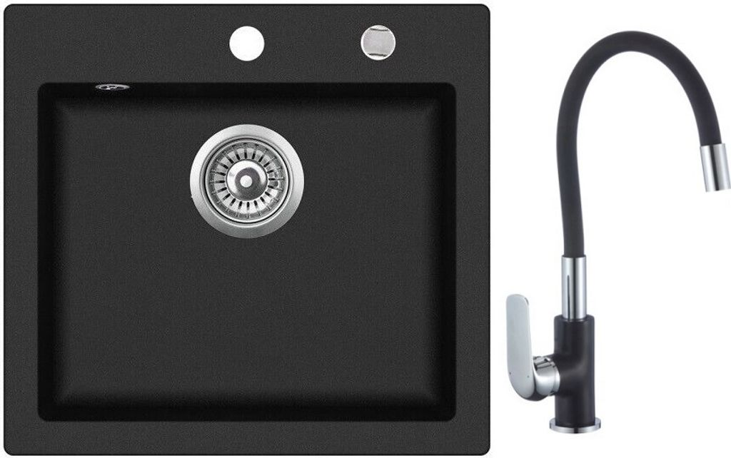 MIT ARMATUR - Rein Schwarz LINDBERGH Granit Spüle "COL44" + "1-Tubo" Einbauspüle Küchenspüle Spülbecken