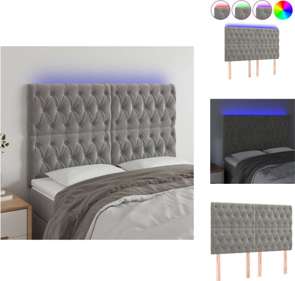 vidaXL LED Kopfteil Hellgrau 160x7x118/128 cm Samt - Kopf- & Fußenden