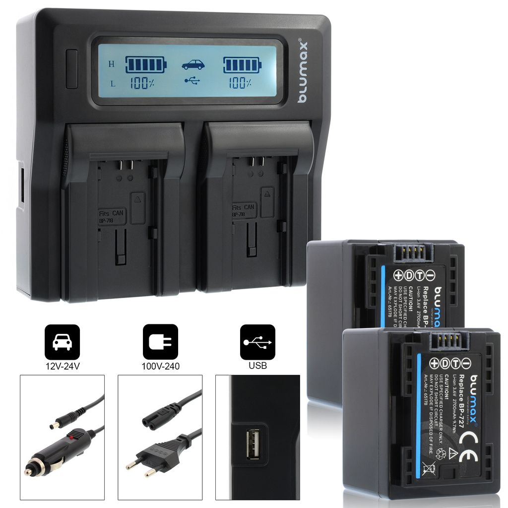 2x Akku + Lader für Canon BP-727 BP-745 BP-718 BP-709 - 2700 mAh (3,6V)